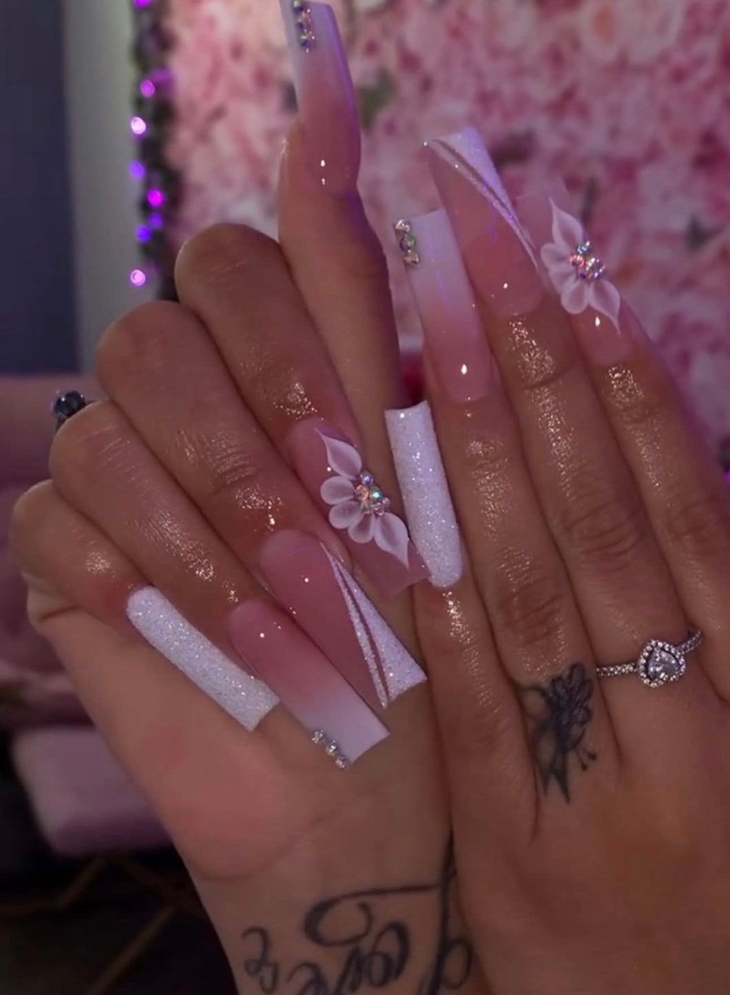 White Sparkly 3D Flower Bling Nails