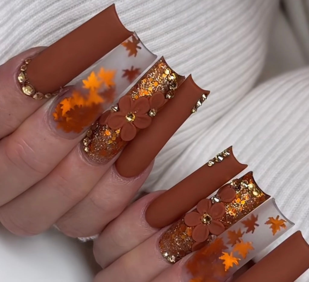 Burnt Orange Fall Leaves 3D Flower Nails