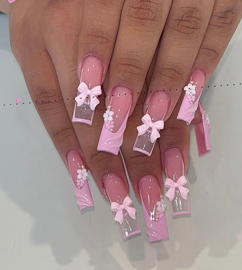Pink French Tip Floral Bow Nails
