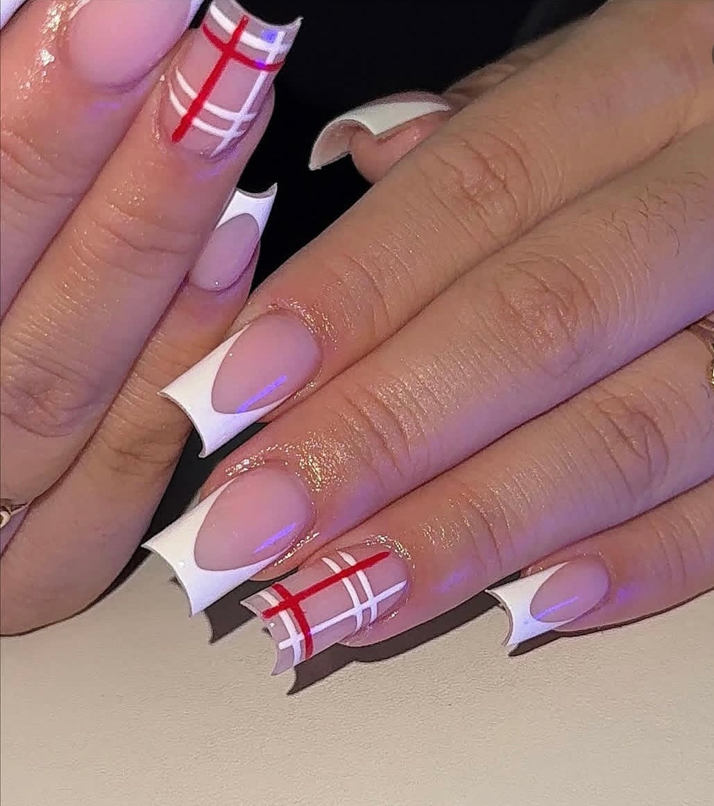 Red & White French Tip Plaid Nails