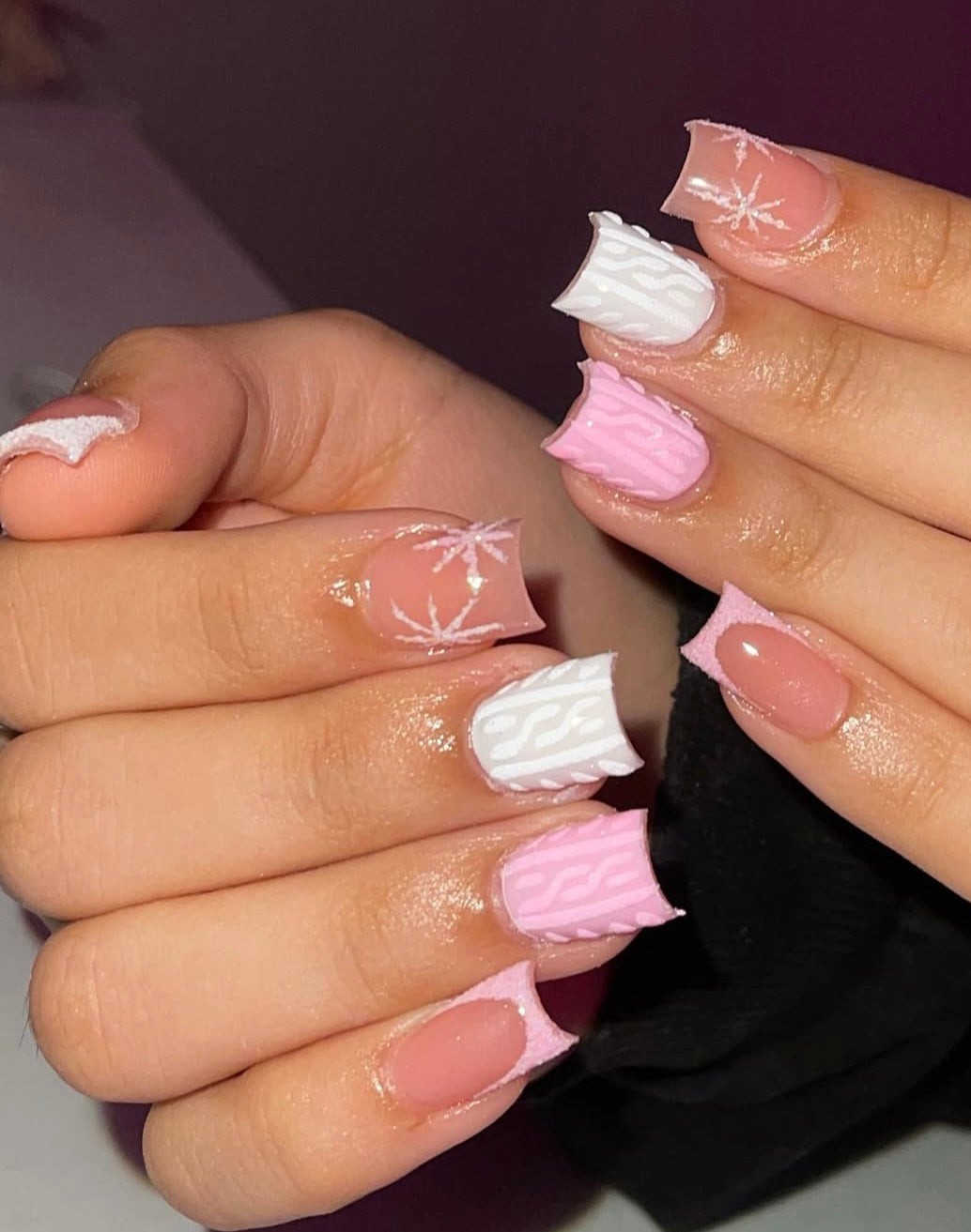 Pink & White Snowflake Sweater Nails