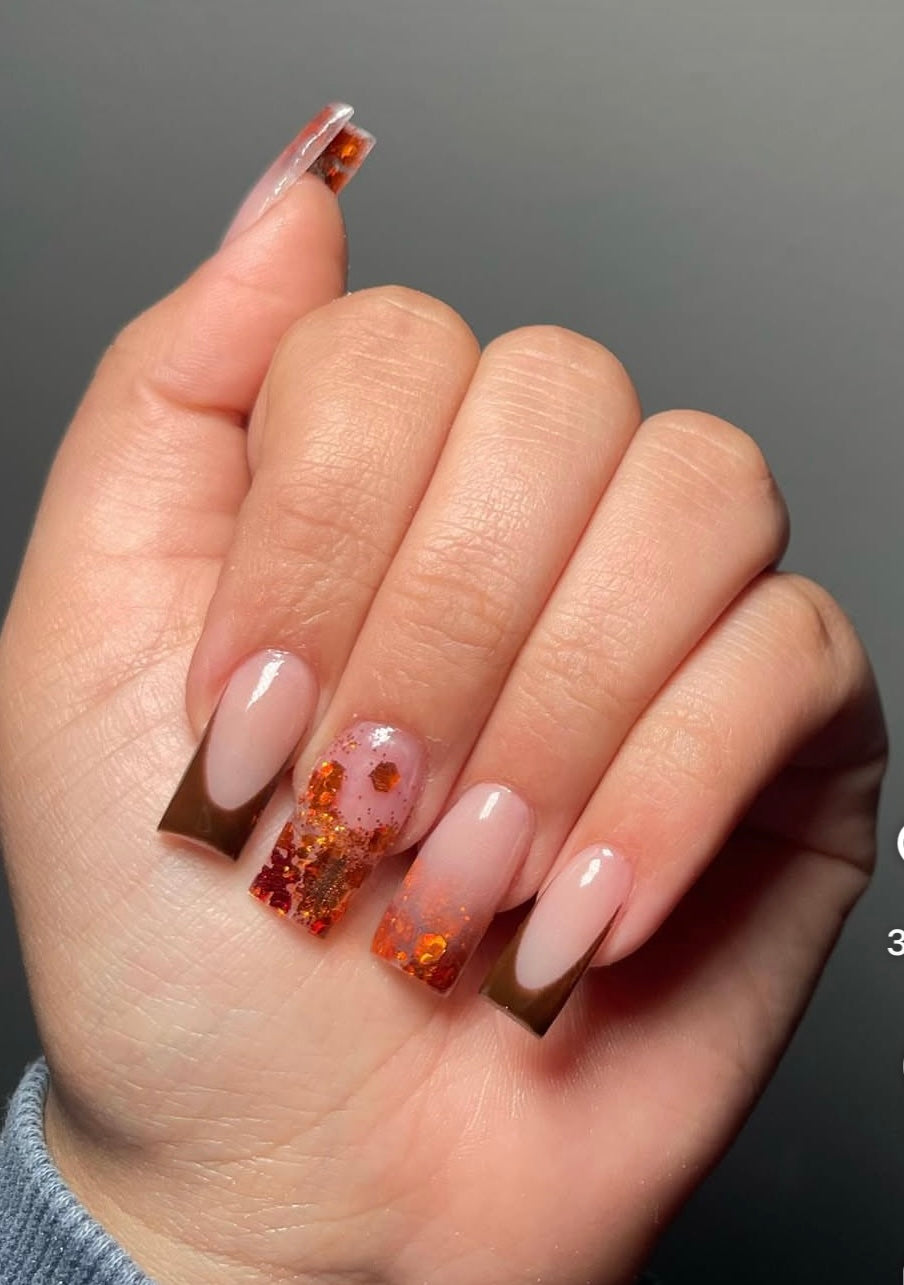 Fall Leaves Brown French Encapsulated Glitter Nails