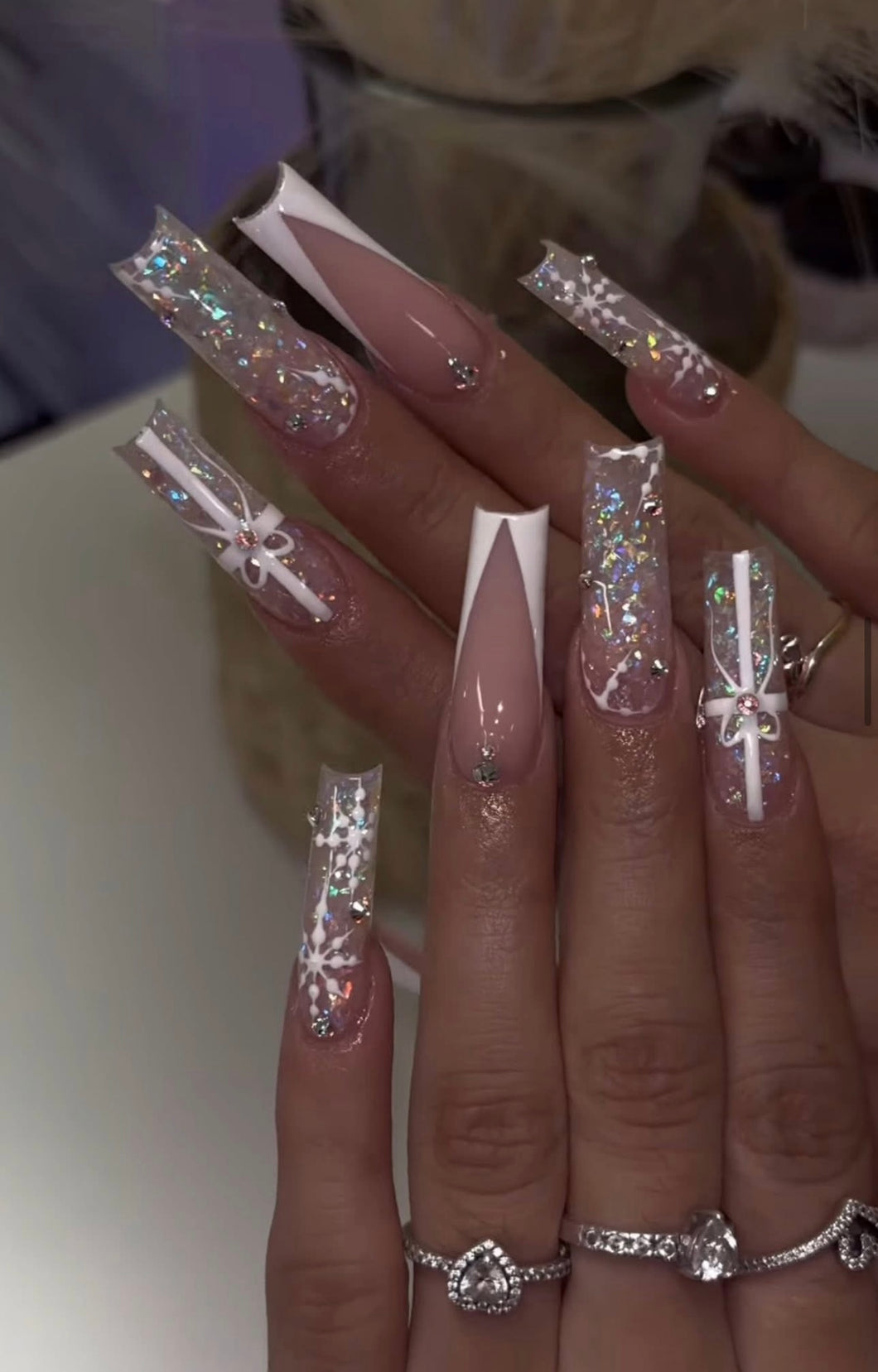 White Sparkly Bowtie Christmas Nails