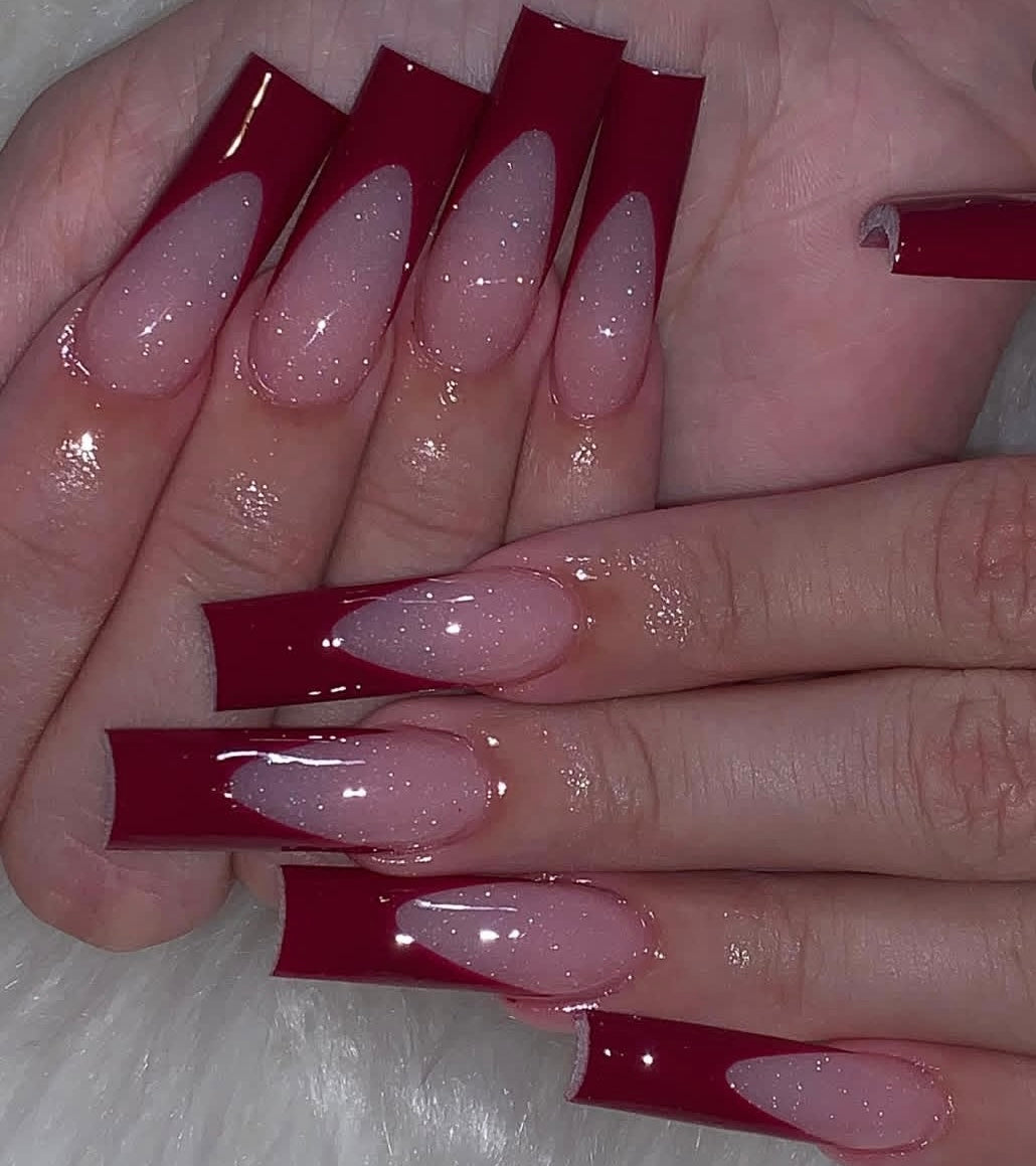 Red French Tip Sparkle Nails