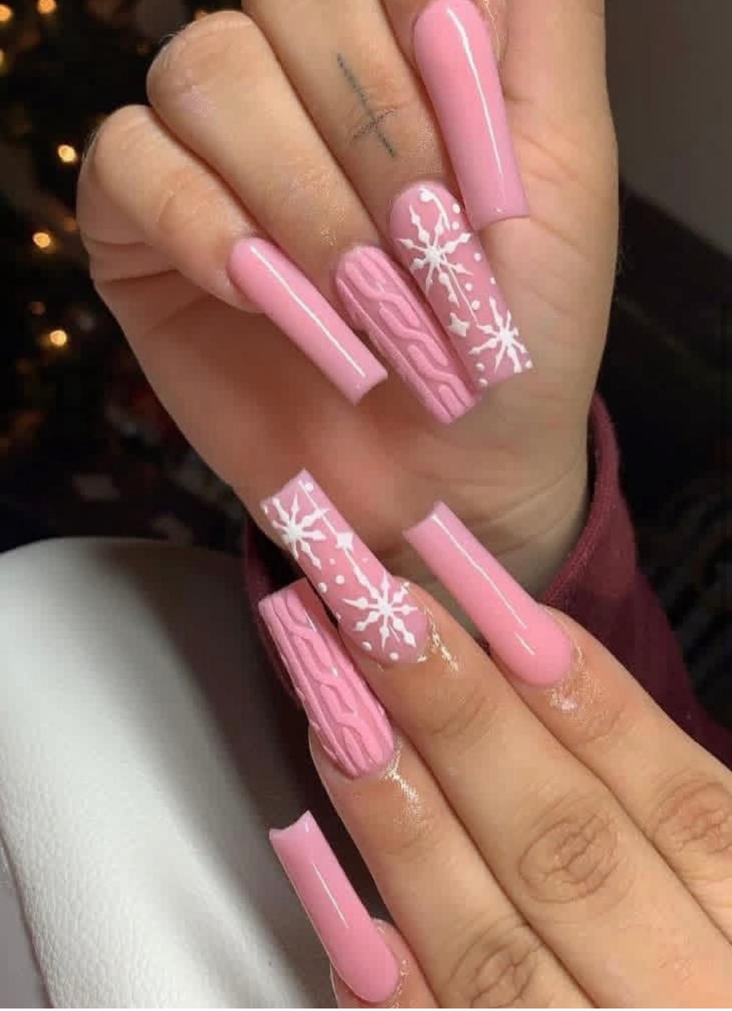 Pink Sweater Snowflake Christmas Nails