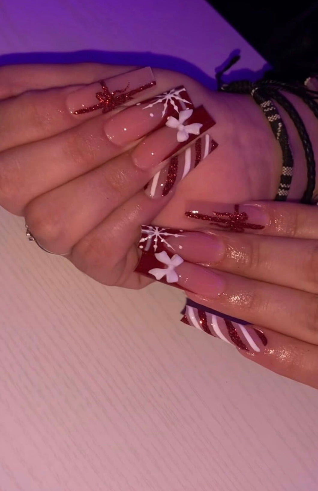Red & White Bowtie Christmas Snowflake Nails