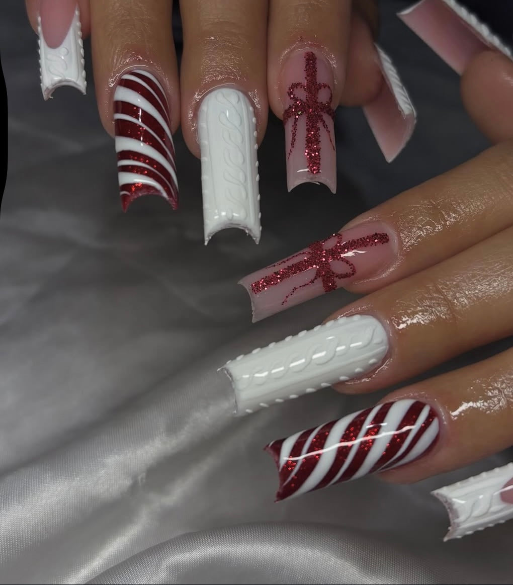 Red & White Sparkly Bow Tie Sweater Nails