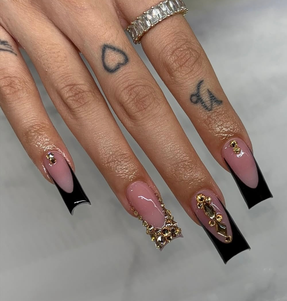 Black French Tip Golden Bling Nails