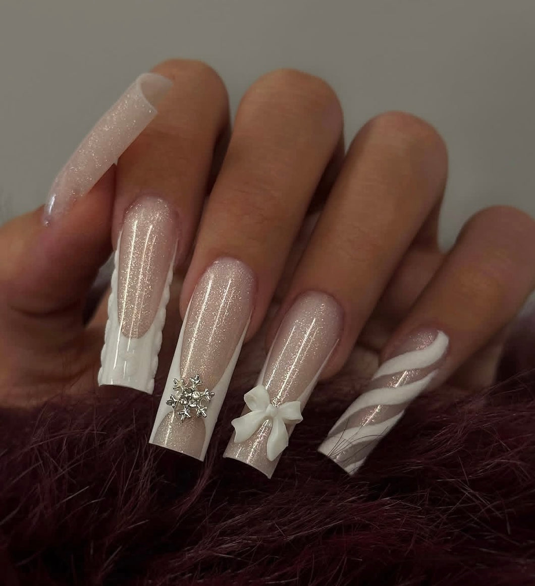 White Bow Tie Snowflake Sweater Nails