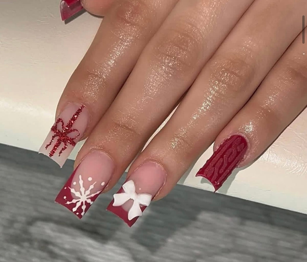 Red & White Bowtie Sweater Christmas Snowflake Nails