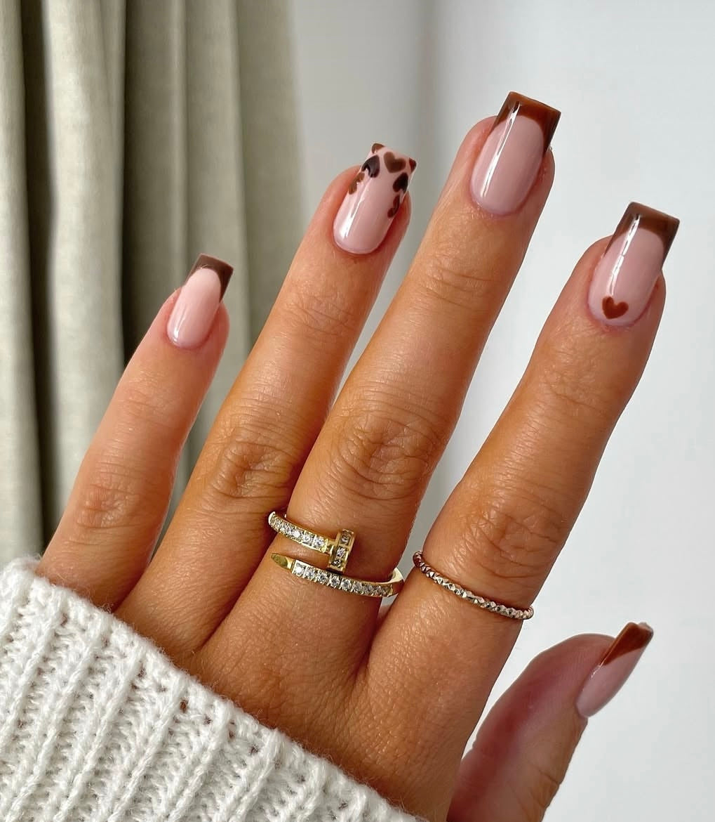 Brown French Tip Heart Nails
