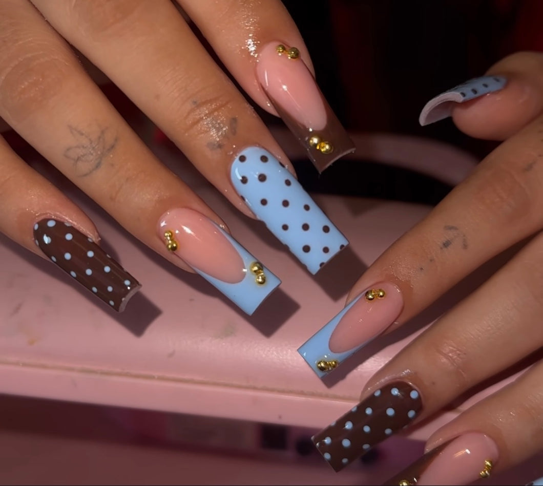 Brown & Blue Polka Dot French Tip Nails