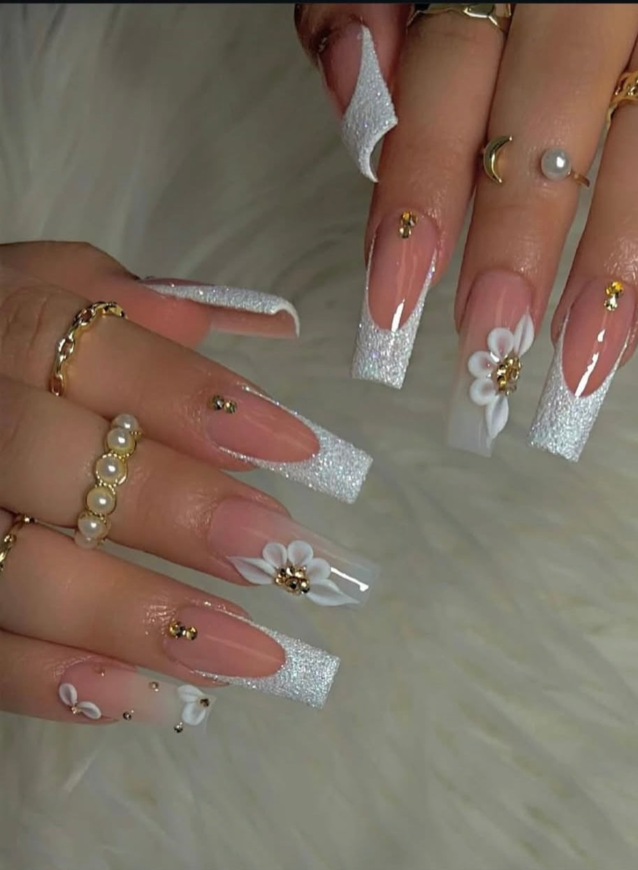 White French Tip Sparkly Golden Bling 3D Flower Nails