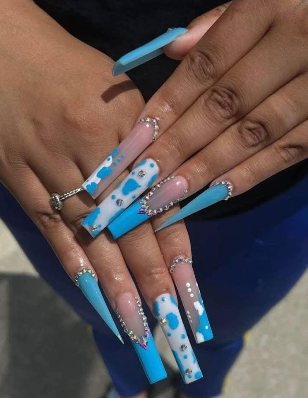 Blue & White Cow Print Bling Nails