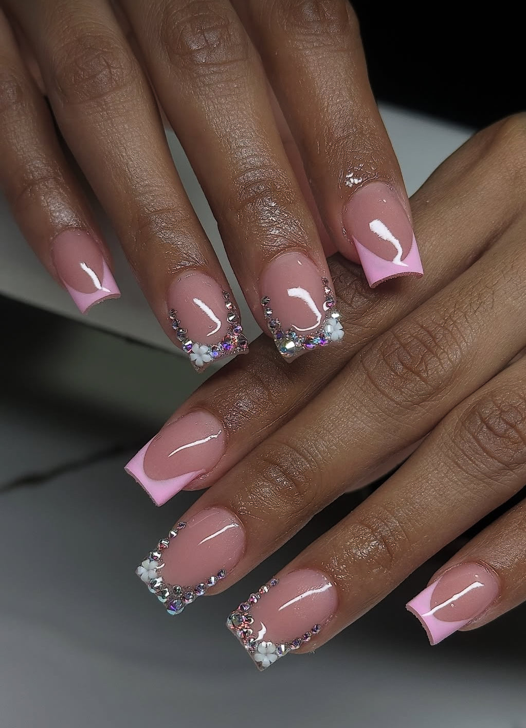 Pink French Tip Floral Bling Nails